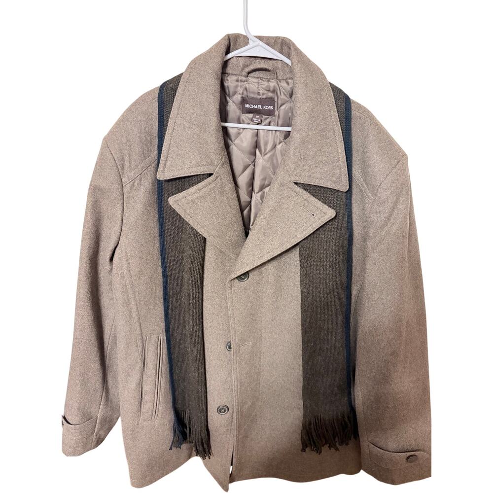 NWT Michael Kors Men Tan Wool Blend Winter Overcoat Coat Scarf Insulated 3XT